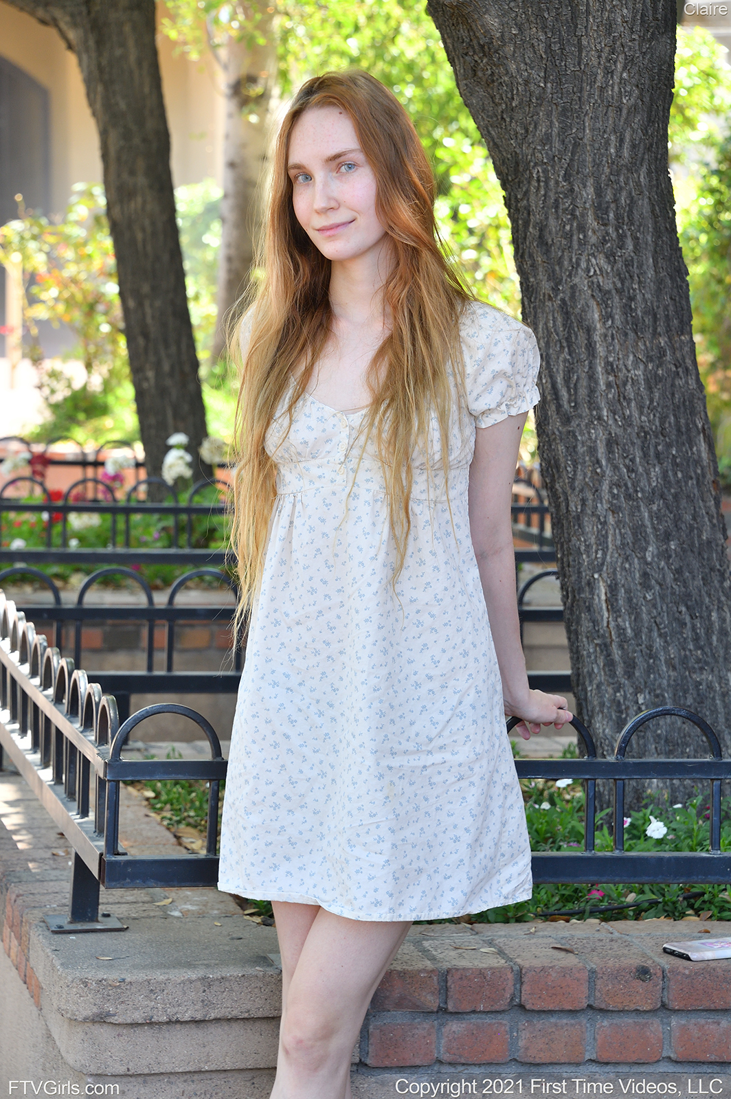 Redhead skinny hippie girl Claire teasing in her dress outside before showing us everything